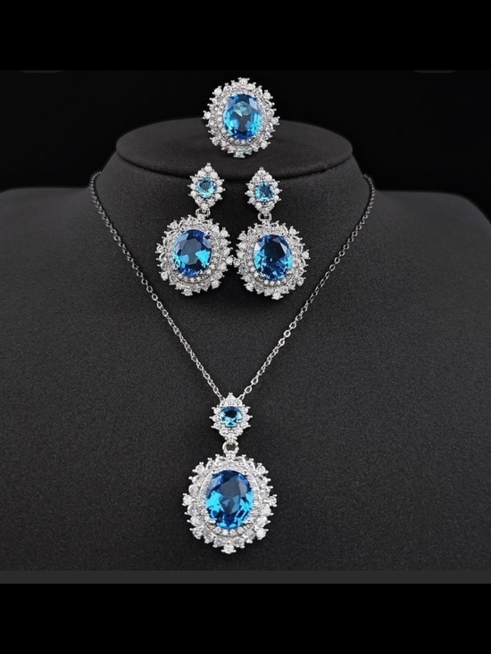 Jewelry - Elegant Necklace with Matching Earrings and Ring In Simulated Blue Saphire